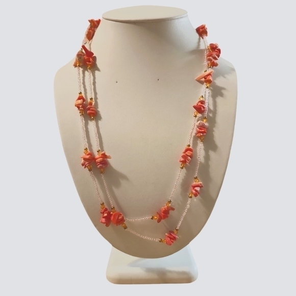 Coral Bay Jewelry - Vintage Genuine Angel Skin Coral and Glass Bead Necklace- Opera Length or Double